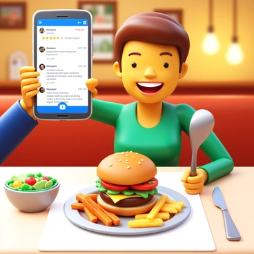 A customer holding a smartphone, capturing a picture of a beautifully plated meal on a restaurant table. The meal includes a gourmet burger with fresh vegetables, crispy fries, and a colorful side salad. The background features a cozy restaurant ambiance with warm lighting and stylish decor. On the smartphone screen, a visible interface shows a review section of Google with a star rating and the customer's comments about the meal. The customer has a joyful expression, emphasizing their satisfaction with the dining experience.