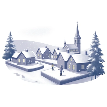 A quaint village nestled in a valley, with small houses featuring sloped roofs and chimneys, all covered in a blanket of fresh snow. Snowflakes fall gracefully from the sky, accumulating on rooftops and the ground below. Frosty trees line the streets, their branches adorned with fluffy white snow. A few villagers, bundled in warm clothing, can be seen walking along the snow-covered path, leaving footprints behind. In the distance, a church steeple rises above the village, its clock tower indicating the early hours of Christmas morning. Soft smoke rises from the chimneys, suggesting warmth and comfort inside the homes.
