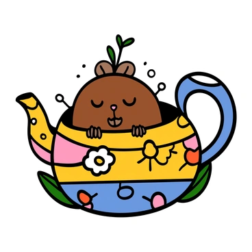 A sleepy dormouse with soft brown fur and large, round eyes is peeking out from a colorful, oversized teapot. The teapot has a whimsical design with vibrant patterns and flowers. The dormouse's tiny paws rest on the edge of the teapot as it gazes curiously outside. The scene is set in a cozy, inviting environment, with hints of green leaves and flowers surrounding the teapot, enhancing the charming atmosphere of the illustration.
