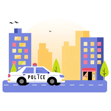 A cartoon-style police car with a bright blue and white body is driving along a city street. The car has a flashing red and blue light on top. Skyscrapers with colorful windows and a gradient sky transitioning from deep blue to warm orange reflect the dawn light. The street is lined with small trees and colorful storefronts, adding life to the cityscape. A few birds are flying in the sky, completing the early morning scene.