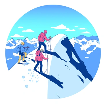 A group of climbers is ascending a steep snowy peak under a bright blue sky. The climbers, dressed in colorful gear, are using ice axes and climbing ropes for support. Snowflakes are gently swirling around them. In the background, a breathtaking view of distant snow-covered mountains and a vast expanse of blue sky is visible. The sun casts bright light upon the scene, illuminating the snow and enhancing the vibrant colors of the climbers' outfits.