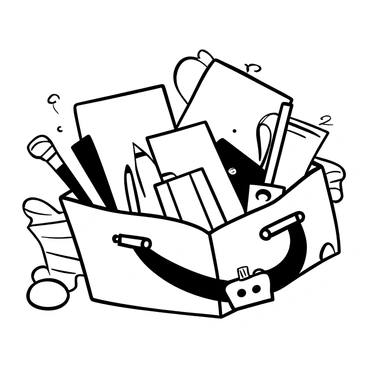 A black-and-white illustration of a closed portable art kit resting on a wooden table. The kit is slightly open, revealing small and medium illustration boards inside, neatly arranged. There are various art supplies such as pencils, brushes, and a palette alongside the boards. A compact, rolled-up canvas rests on top of the kit, and a travel tag is attached to the handle, indicating it is ready for travel. The background suggests an outdoor scene with a subtle hint of nature, enhancing the travel theme.