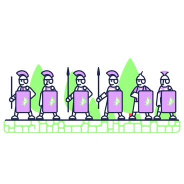A row of toy soldiers is marching in formation, each one dressed as a Roman legionary. They are holding shields and spears, with their shields displaying intricate designs. The soldiers have helmets that feature a distinctive crest on top. The ground is textured, depicting cobblestones, and there are several toy trees in the background. Some soldiers are slightly ahead, leading the formation, while others follow closely behind, all in a disciplined manner.