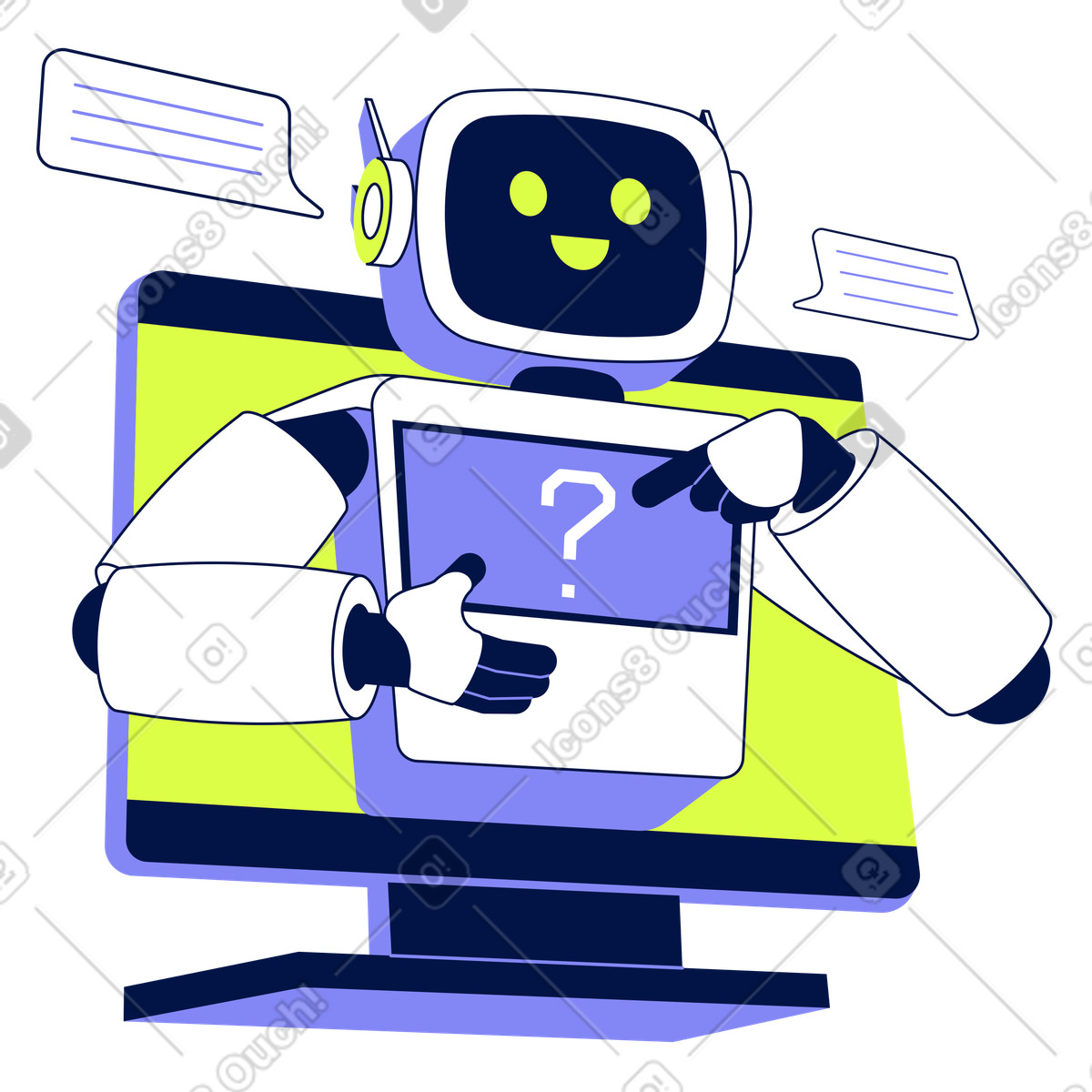 AI assistant emerging from monitor answering questions, Virtual helpdesk and customer support illustration in Glow style download in PNG, SVG