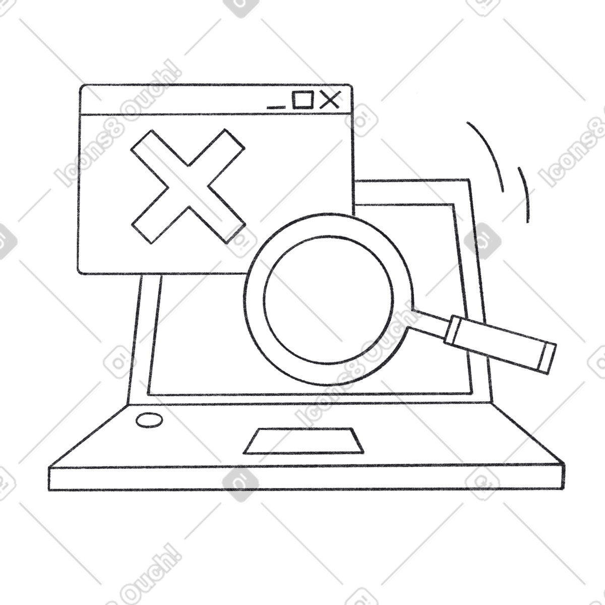 下载 Bonbon Line 风格的 Laptop with magnifier and error popup, Website search or broken link 插画，支持 PNG、SVG 格式