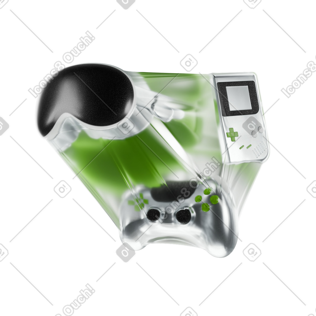 Visore vr, controller di gioco e console portatile in pellicola di plastica, set di accessori per il gioco illustrazione in stile Experimental scarica in PNG, SVG