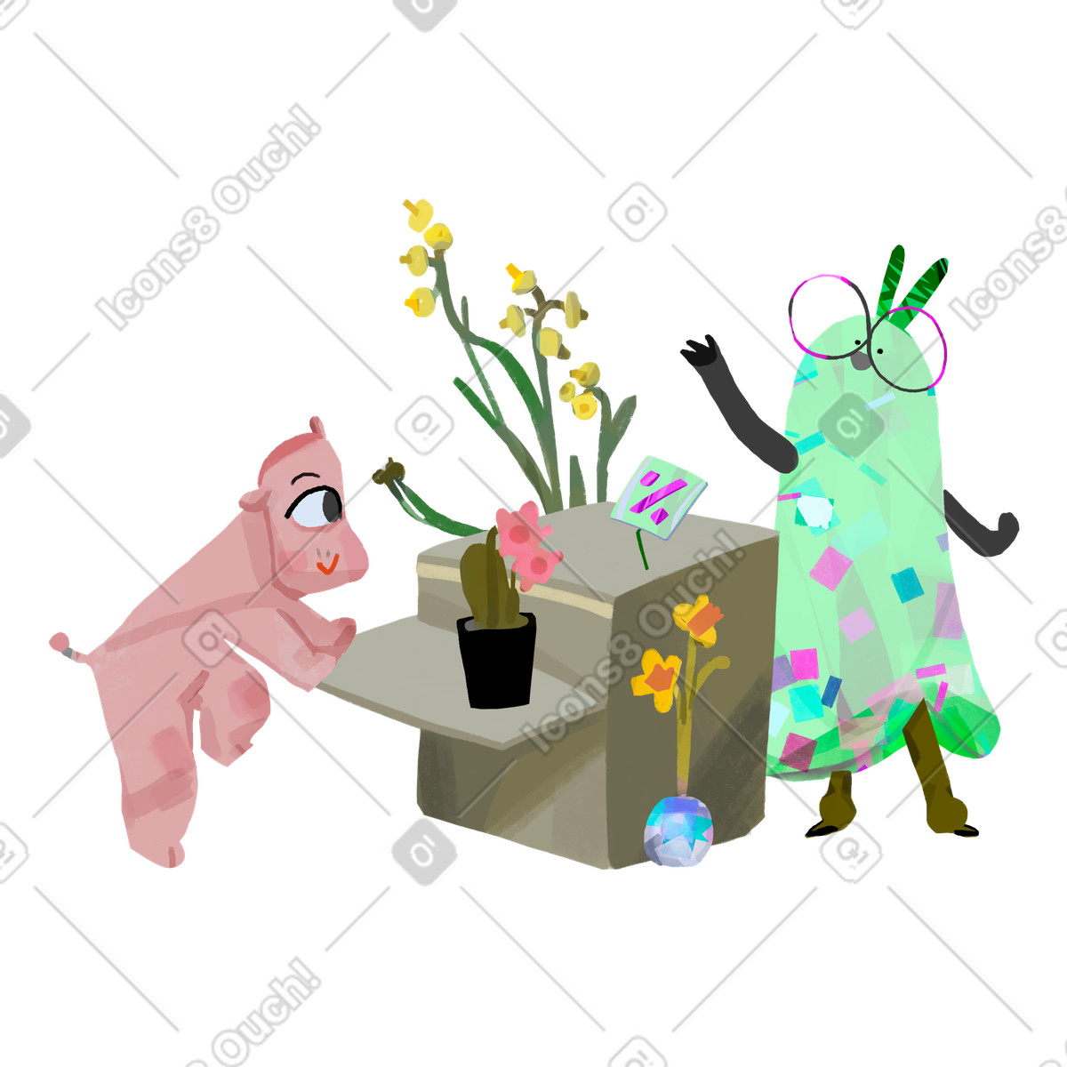下载 Atomic 风格的 花店助理向顾客展示折扣商品 插画，支持 PNG、SVG 格式