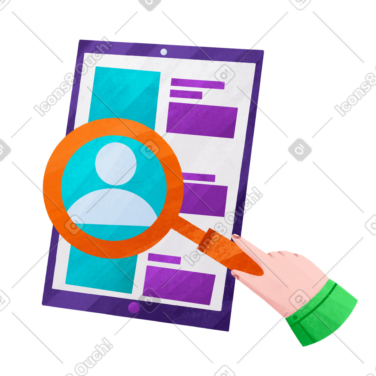 Ilustración Búsqueda de lupa para el currículum un empleado en ipad estilo Bonbon a descargar PNG y SVG