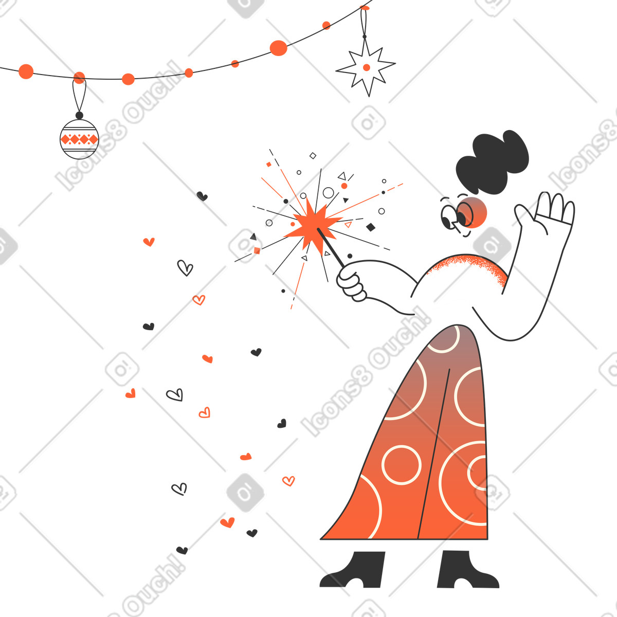 Person holding sparkler under garland, holiday event and festive party illustration in PNG, SVG