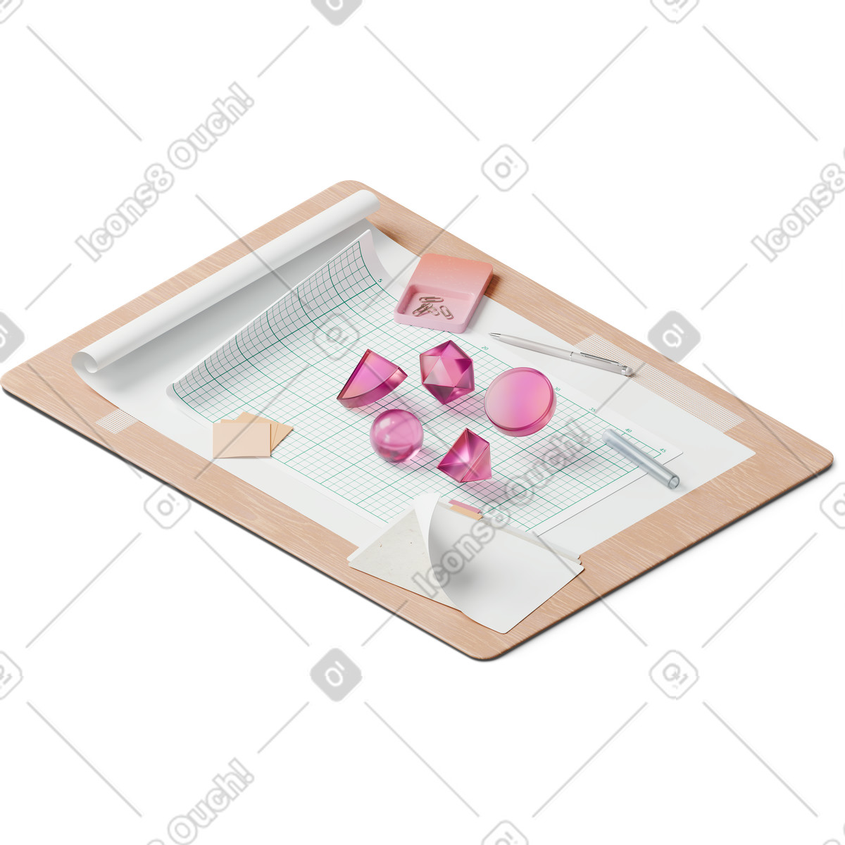 Vista isometrica del tappetino da taglio, carte, figure geometriche illustrazione in stile 3D Hygge scarica in PNG, SVG