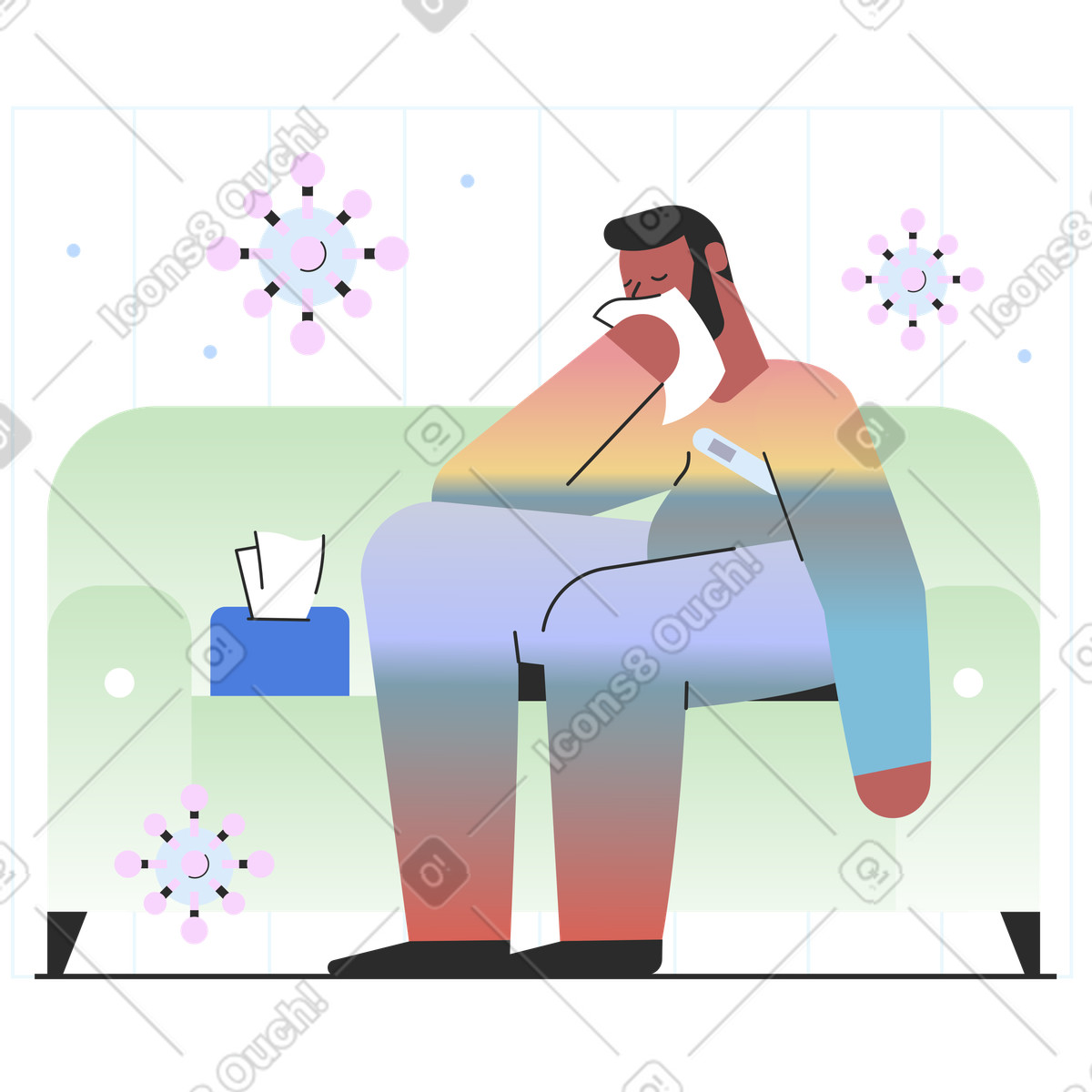 Man sick with coronavirus illustration in Marginalia style download in PNG, SVG