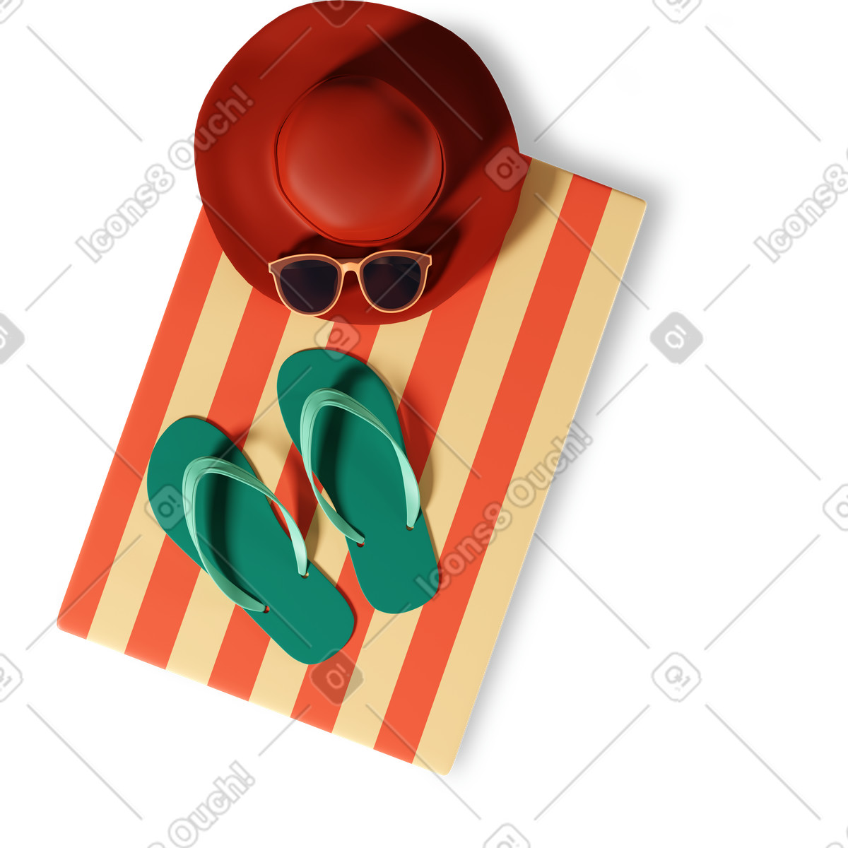 Telo mare, cappello, occhiali da sole e ciabattine illustrazione in stile 3D Plastic people scarica in PNG, SVG