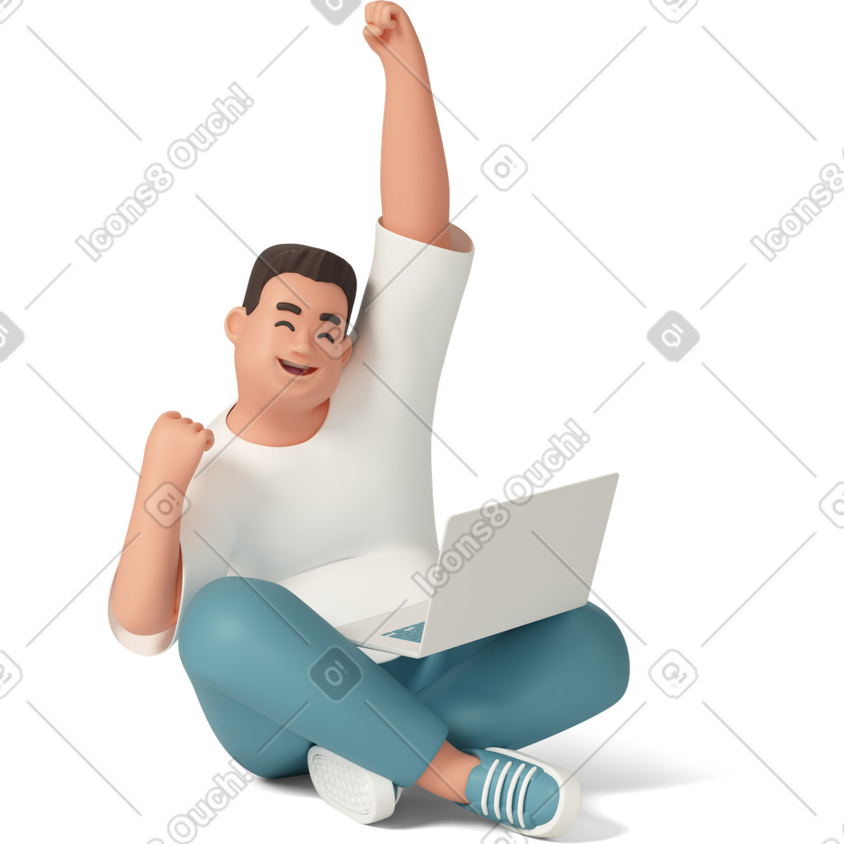 Joyful man holding laptop celebrating success illustration in 3D Casual life style download in PNG, SVG