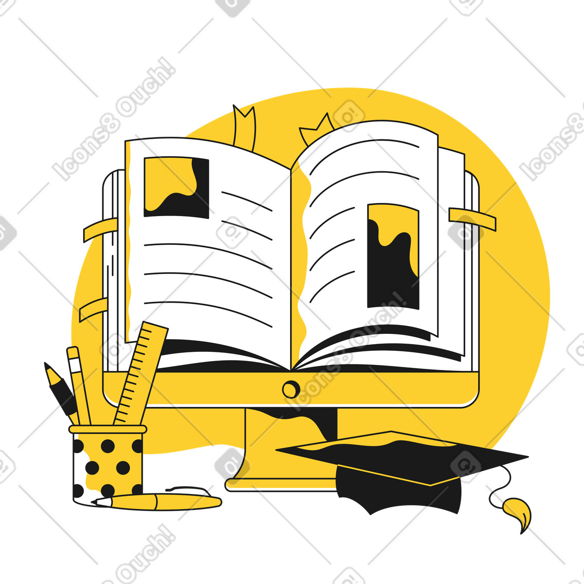 Ilustración animada Monitor de computadora con libro, birrete y material oficina para educación en línea estilo Taxi a descargar GIF, Lottie (JSON), AE