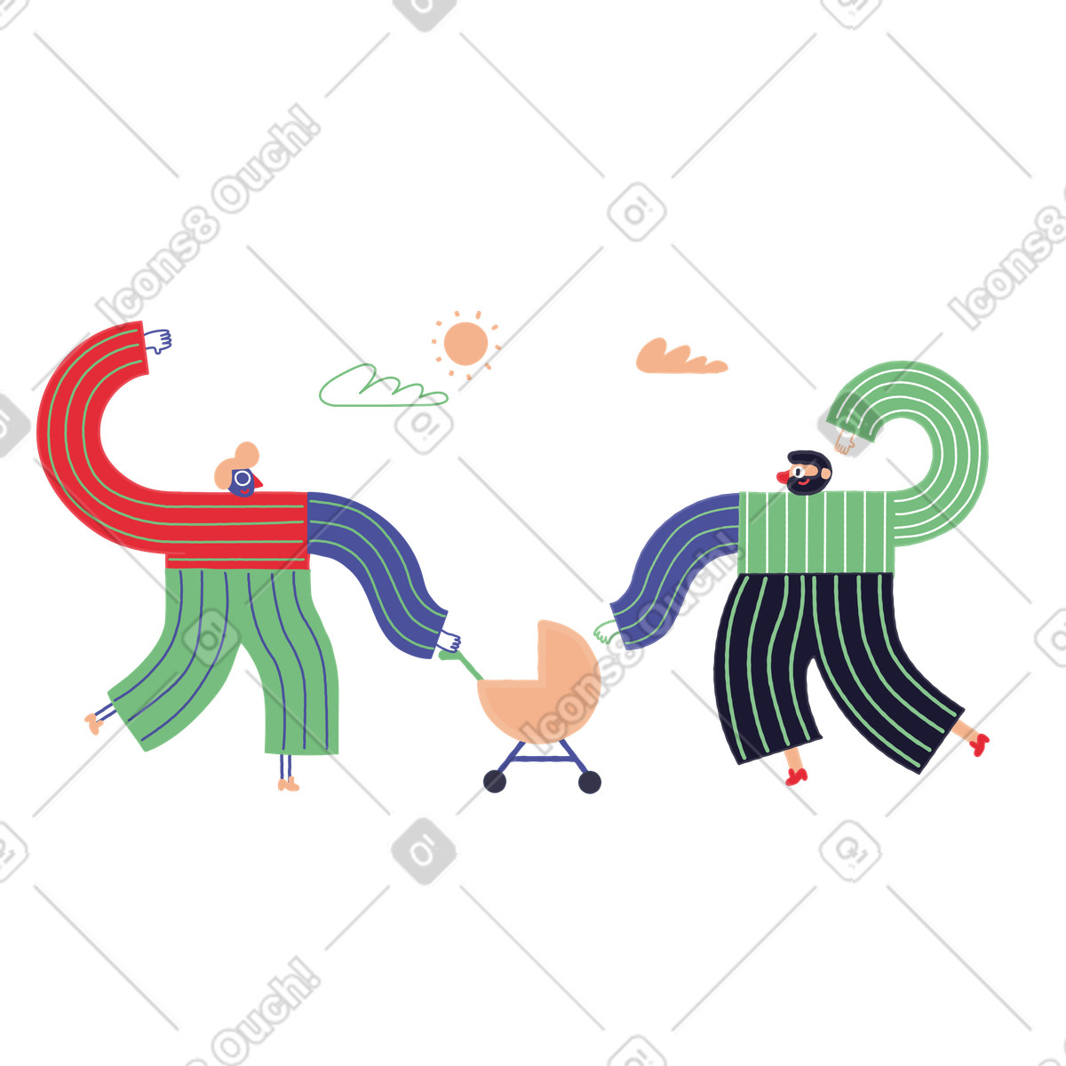 Stripy 스타일의 아기를 데리고 산책하는 두 남자 일러스트레이션 PNG, SVG 다운로드