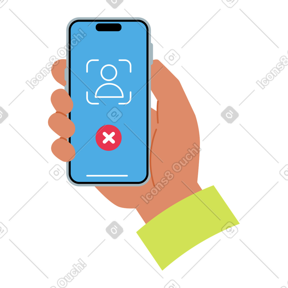 Ilustración Reconocimiento facial fallido en la pantalla del teléfono inteligente, error de inicio sesión usuario estilo Catchy a descargar PNG y SVG