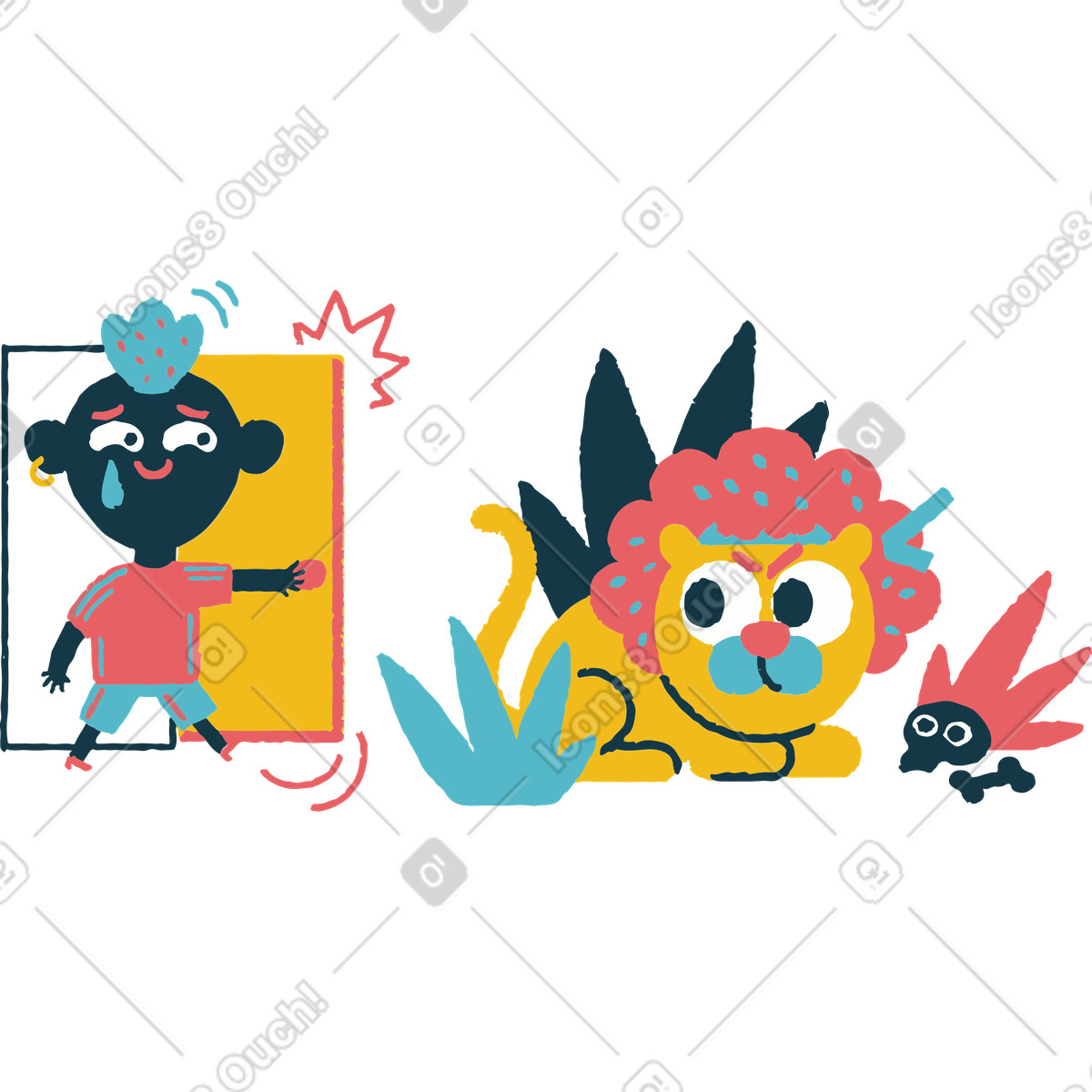 Ilustração de Frightened character facing angry lion, Bad gateway or unexpected error concept em no estilo Flamenco para baixar em PNG, SVG