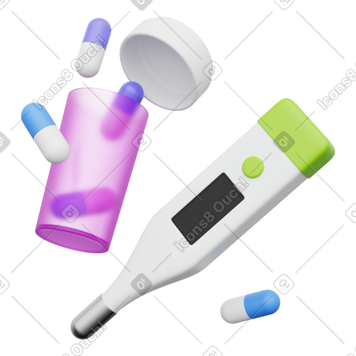 Thermometer and medicine bottle with capsules for fever treatment monitoring-Illustration im 3D Playful-Stil als Download in PNG, SVG