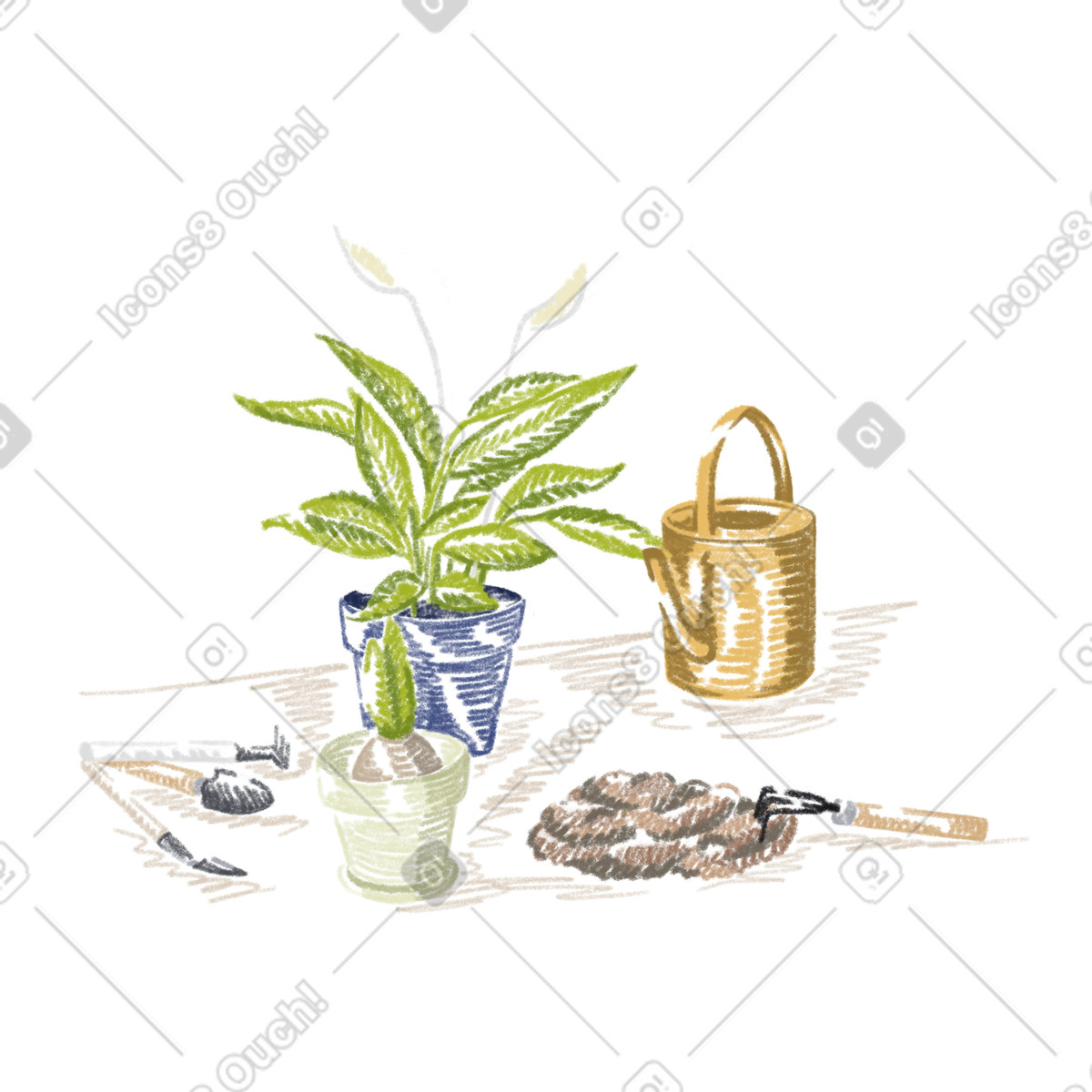 Sketchbook 스타일의 Flower pots, tools for planting on the table 일러스트레이션 PNG, SVG 다운로드