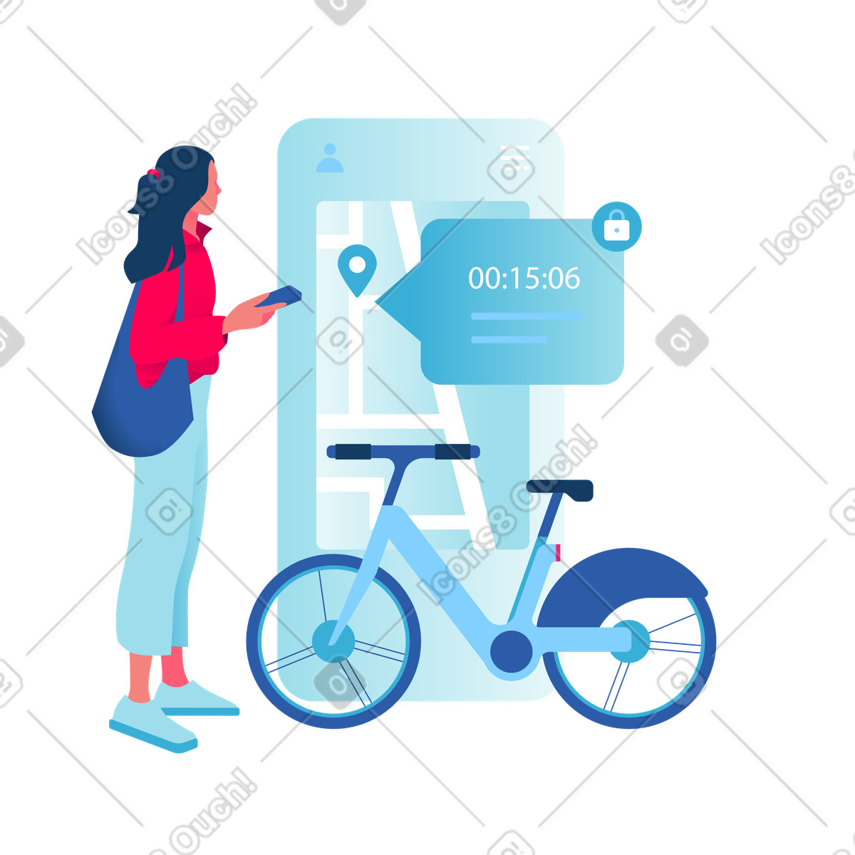 Frau nutzt fahrrad-sharing-service-Illustration im Daily-Stil als Download in PNG, SVG