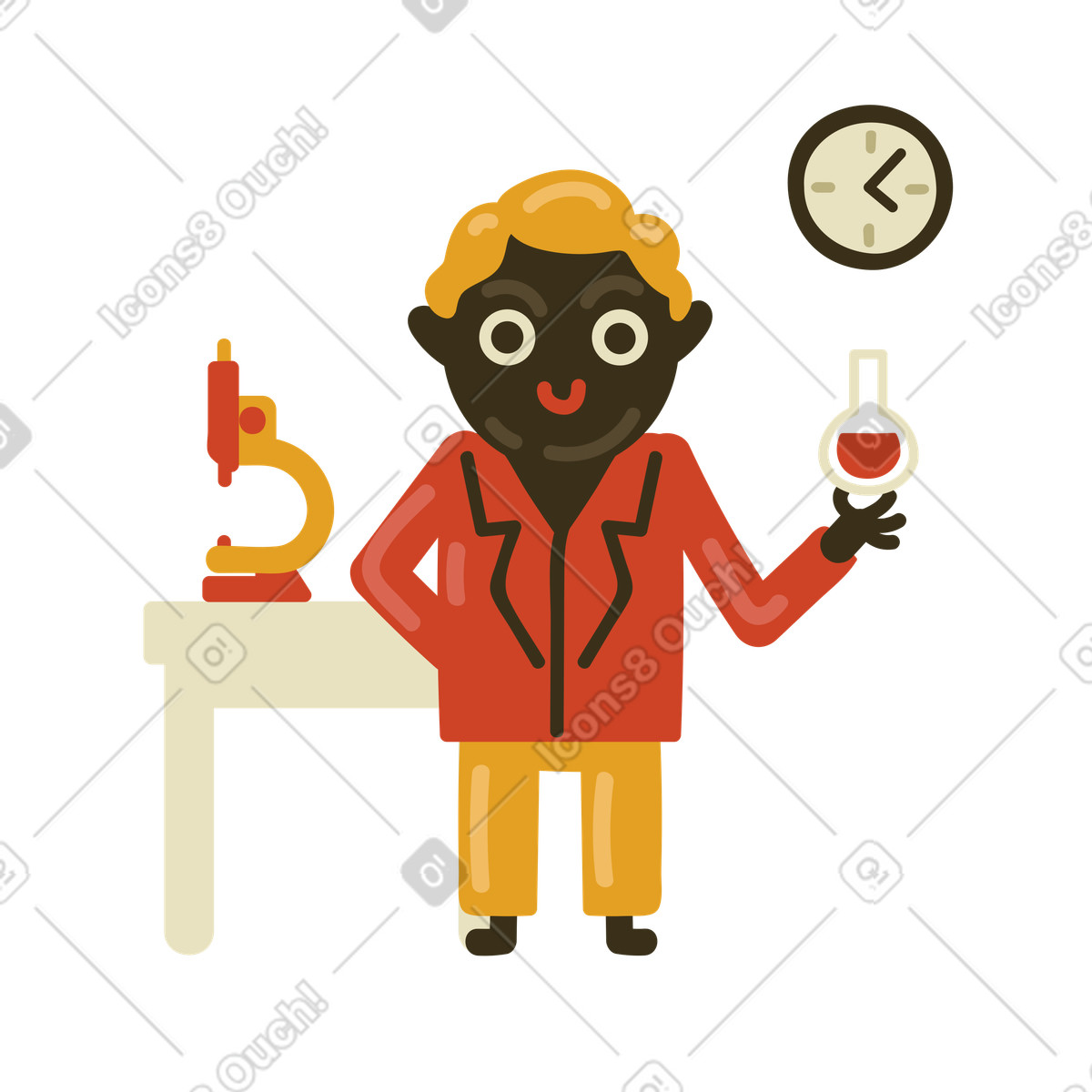 Teacher demonstrating a science flask during chemistry lesson illustration in Arabica style download in PNG, SVG