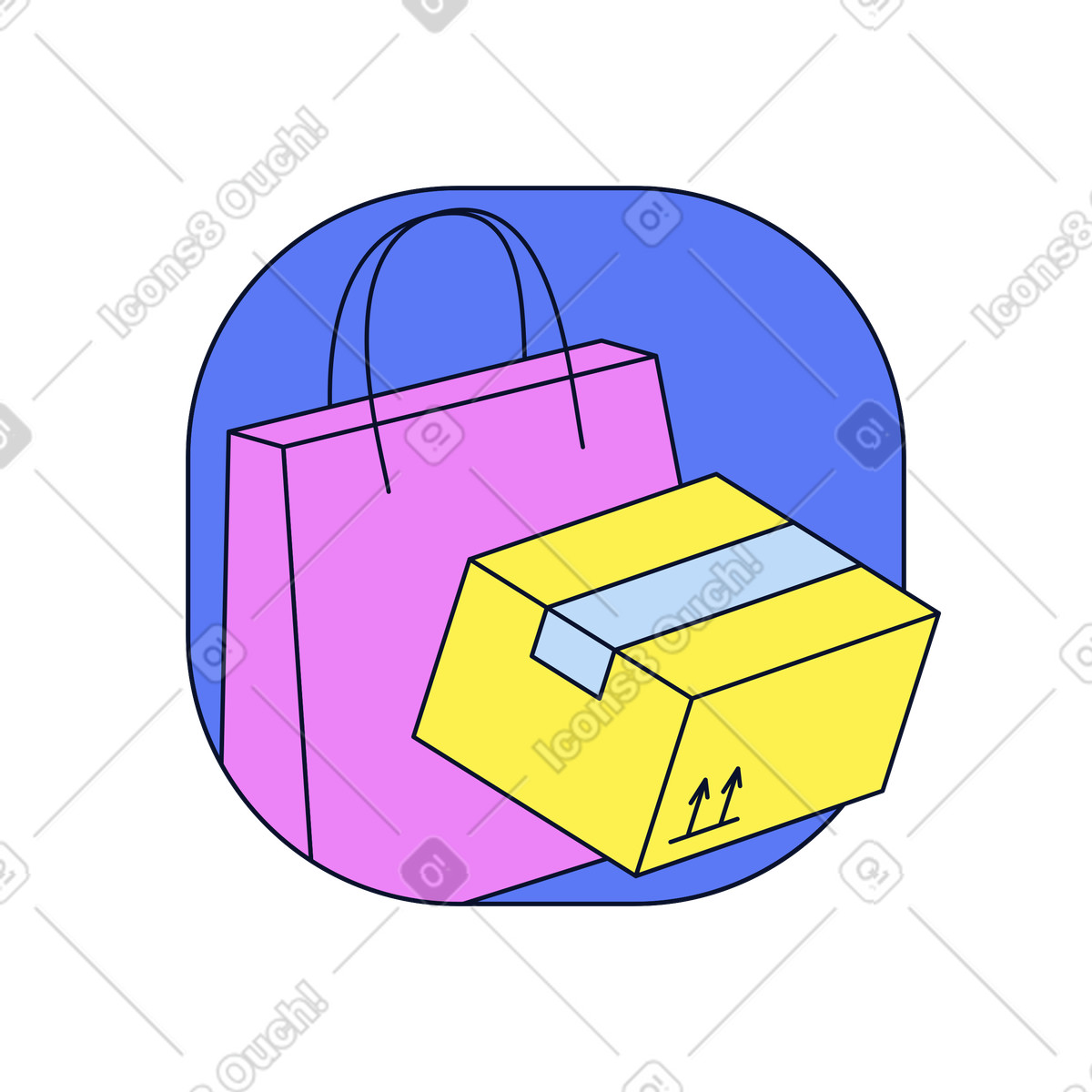 Shopping bag and delivery box, Shipping order fulfillment illustration in Flexy style download in PNG, SVG