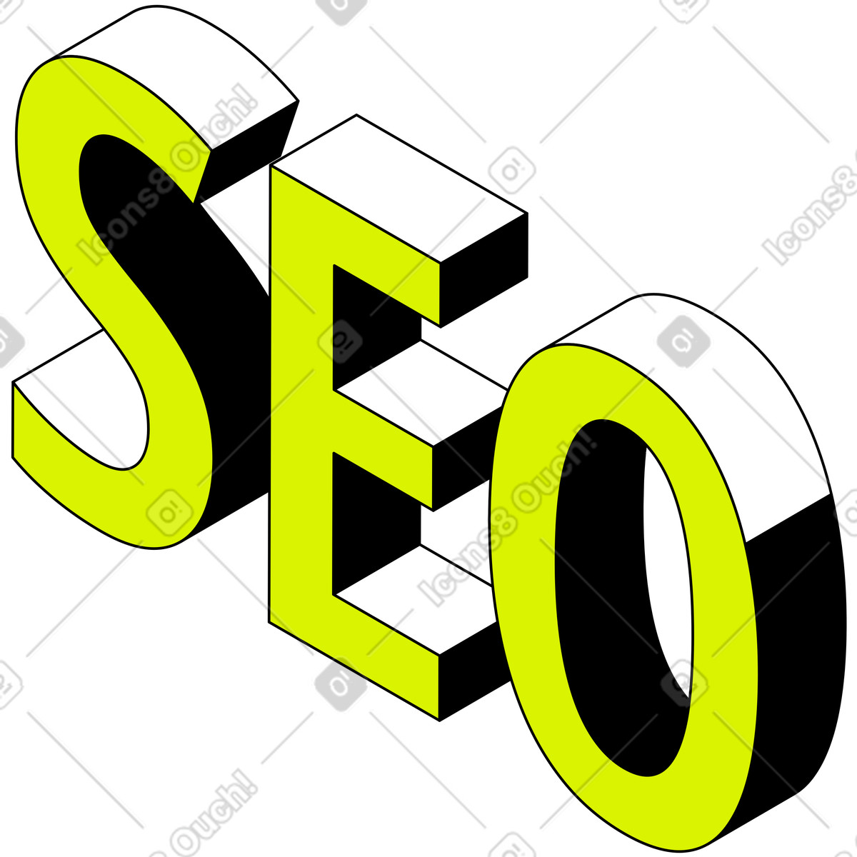 Ilustración Rotulación de texto seo en negro, blanco y amarillo estilo Isometric a descargar PNG SVG