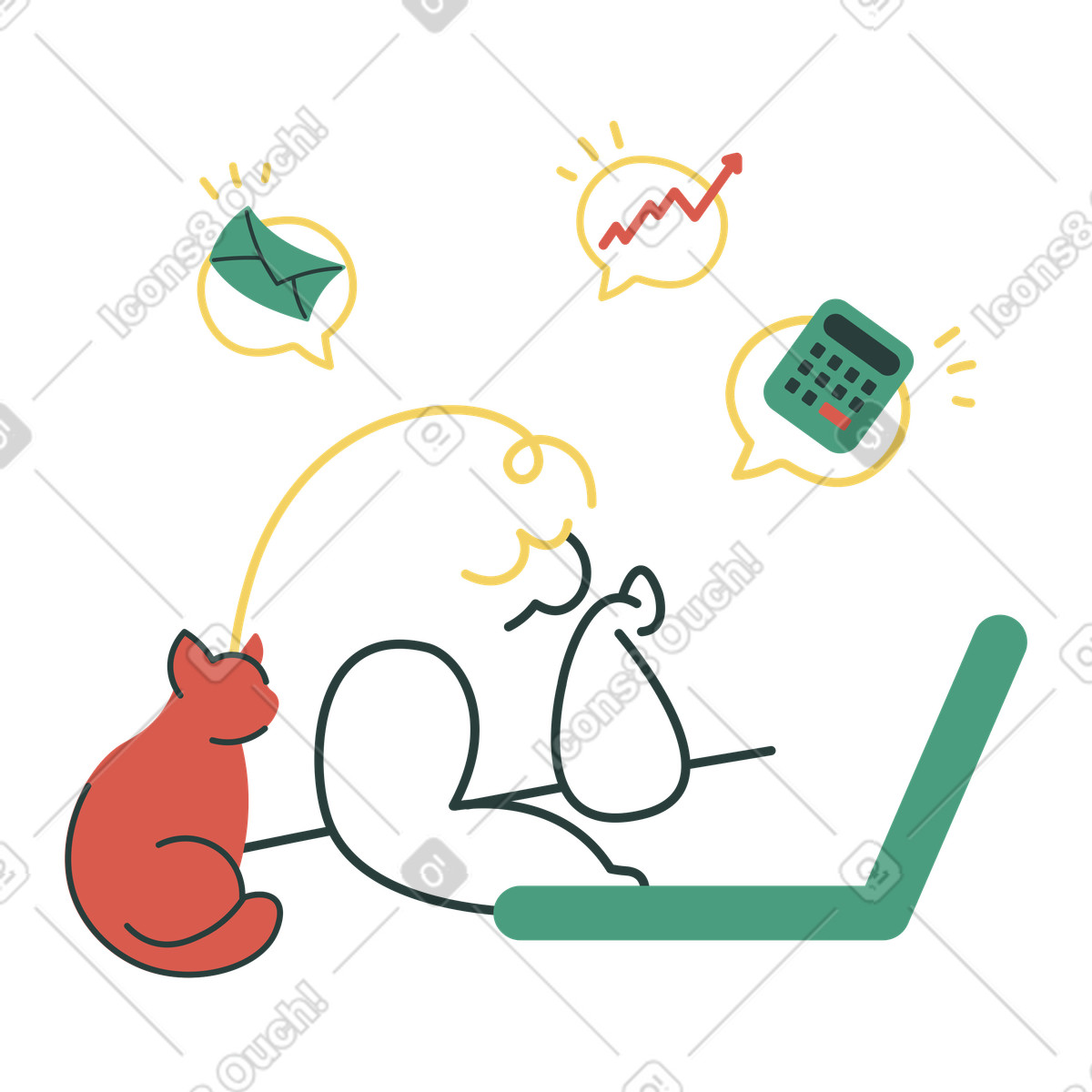 Home workspace with cat and laptop, Remote job productivity illustration in Macaroni style download in PNG, SVG