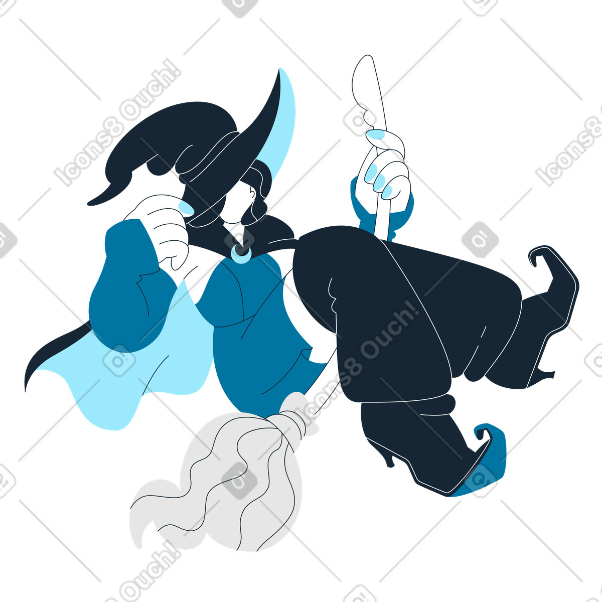 Illustration Sorcière d'halloween volant sur un balai dans le style Indigo à télécharger aux formats PNG, SVG