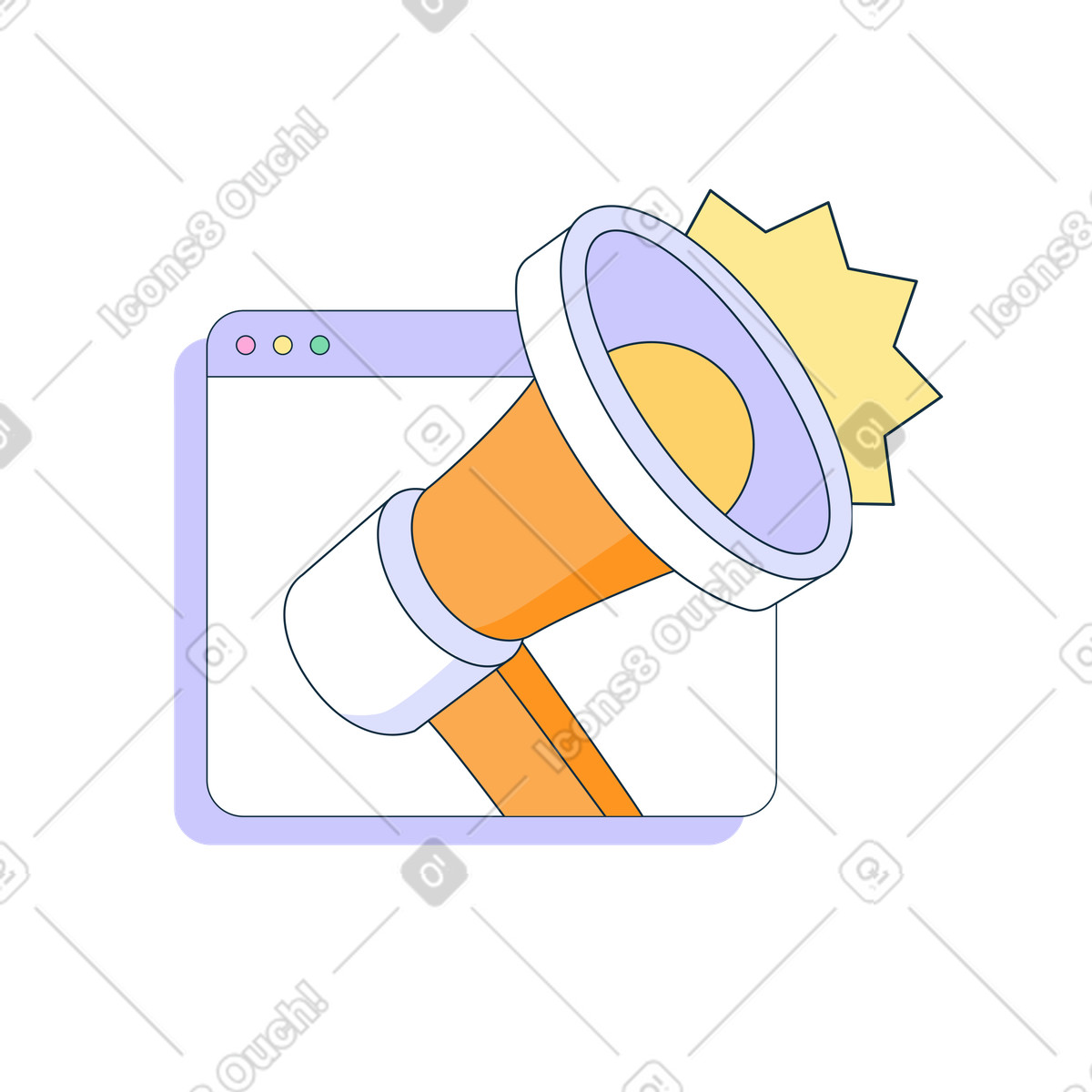 Megafono nella finestra del browser illustrazione animata in stile Bubble gum scaricabile in GIF, Lottie (JSON), AE