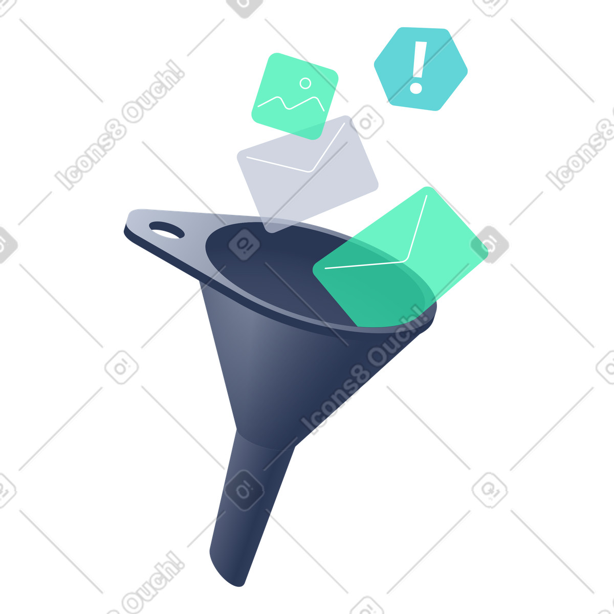 Buste di posta che entrano nell'imbuto, filtraggio dello spam e gestione della in arrivo illustrazione stile Lucent scarica PNG, SVG