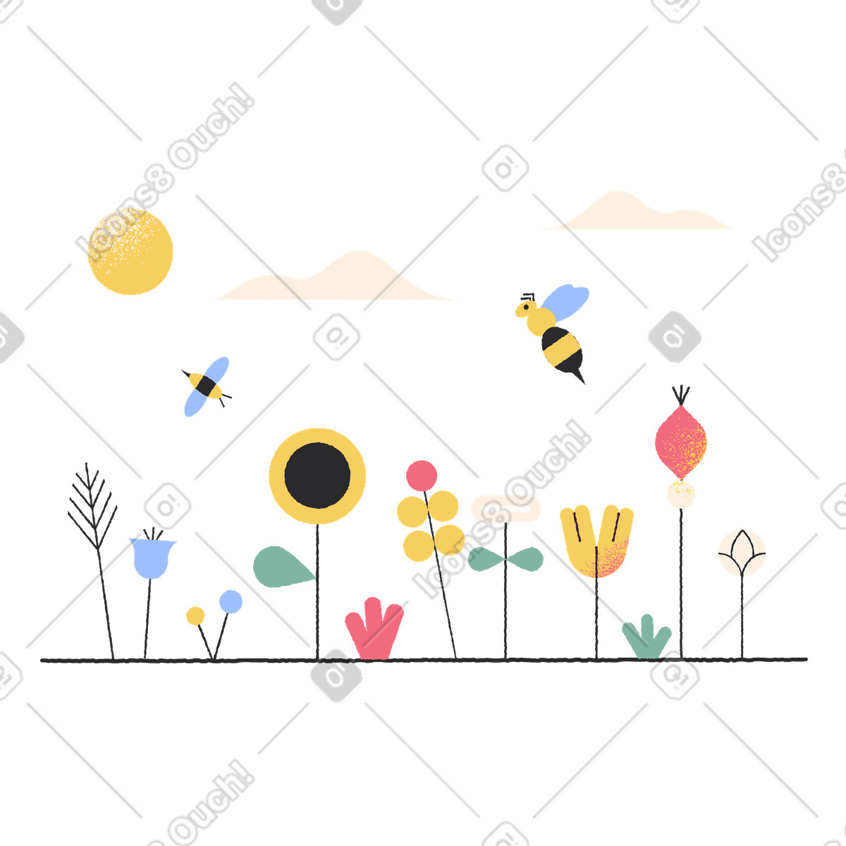 Fiori e api illustrazione in stile Pablo scarica in PNG, SVG
