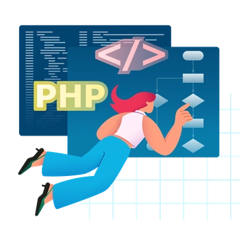 A woman coding with PHP and flowcharts - Colors style illustration