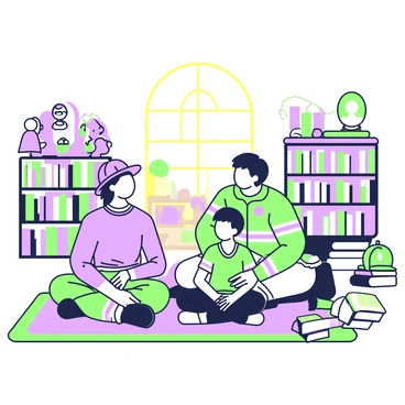 A firefighter is sitting on a colorful rug in a library, engaging with a child. The firefighter is wearing a uniform with a helmet resting beside him, and he has a big smile on his face. The child, sitting cross-legged in front of him, looks intrigued and attentive. Around them, bookshelves filled with various children's books create a welcoming atmosphere. There are plush toys scattered nearby, and a few other children are listening in, captivated by the stories being shared. The room is filled with warm light coming from a window, illuminating the scene.