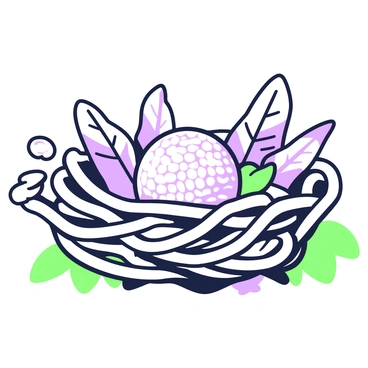 A close-up view of a bird's nest made of intertwined twigs and soft feathers. At the center of the nest, there is a golf ball, clearly visible with its dimpled surface. The nest is positioned on a soft bed of leaves, and the surrounding area shows hints of green foliage. The feathers in the nest vary in texture, adding detail to the composition, while the twigs create a natural frame around the golf ball. A few stray feathers are scattered around the nest, emphasizing its organic feel.