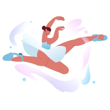 A graceful ballerina is captured mid-dance on an illustration board. She is wearing a flowing white tutu that twirls elegantly around her as she leaps. Her arms are extended gracefully, and her posture is poised and refined. The background features a soft gradient of pastel colors, blending shades of pink, blue, and lavender that enhance the delicate ambiance of the scene. The ballerina's toes are pointed as she balances on one leg, and her other leg is raised in a dynamic pose. Surrounding her are hints of swirling colors that suggest movement and fluidity, accentuating the beauty of her dance.