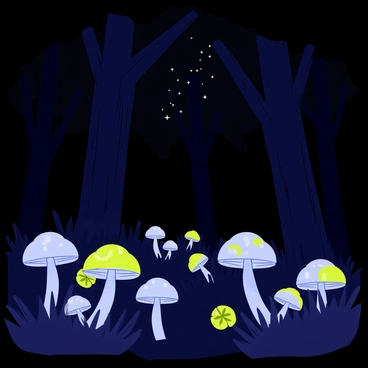 A dark forest floor illuminated by clusters of "bioluminescent mushrooms" in shades of blue and green. The mushrooms emit a soft glow, casting light around them. Surrounding the mushrooms are "dense underbrush" and "fallen leaves," adding texture to the scene. "Tall trees" with dark bark rise in the background, their silhouettes contrasting against the light. A "starry night sky" can be seen through the tree branches above. The overall atmosphere is one of enchantment and mystery.