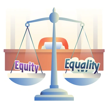 A balanced scale is positioned prominently in a courtroom. The scale's left side displays the word "Equity" in bold letters, while the right side shows the word "Equality" in similar bold text. The scale is finely detailed, with polished metallic surfaces reflecting light. In the background, there are wooden panels and a judge's bench, adding to the courtroom atmosphere. The scale's balance is perfectly even, symbolizing the concept of fairness.