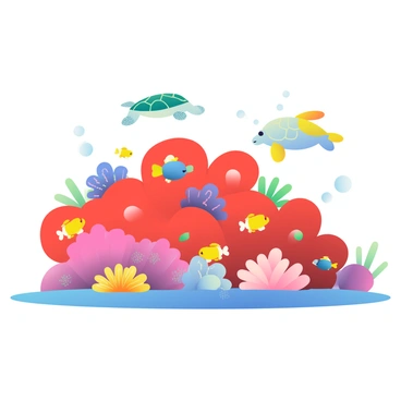 A vibrant red coral reef is spread across the ocean floor, showcasing a variety of shapes and textures. Various species of fish in bright colors, such as yellow, blue, and orange, swim gracefully around the coral. Some fish are peeking from behind the coral formations, while others dart playfully through the water. Small anemones with flowing tentacles are nestled within the reef, and a few sea turtles glide above the coral, their shells reflecting the sunlight filtering down from the surface. In the background, a few bubbles rise to the surface, adding movement to the scene.