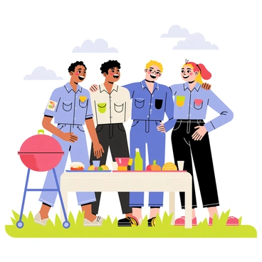 A group of four friends laughing together at a summer barbecue. Each friend is wearing a denim blouse, with one blouse being light blue, another dark blue, and the third adorned with floral patches. The fourth friend has rolled up the sleeves of their blouse. In the background, there are a grill and a picnic table filled with colorful plates of food and drinks. Bright green grass is underfoot, and the sky above is clear with a few fluffy white clouds. The friends are standing close together, conveying a sense of joy and camaraderie.