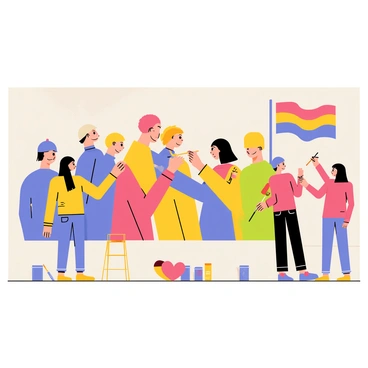 A large mural covering a wall with vibrant colors, showcasing young artists in the process of painting. The mural features a diverse group of people holding hands, symbolizing unity, with a background of a stylized national flag waving. One artist is adding details to the flag, while another is painting a large heart encircling the figures. Brushes and paint pots in various colors are scattered at the base of the wall, reflecting the artists' creativity and enthusiasm.