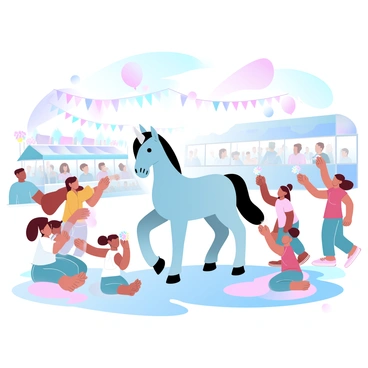 A poney with a shiny coat stands at a lively village fair. Children surround the poney, each reaching out with small hands, offering colorful treats and bright flowers. The scene is filled with vibrant stalls adorned with bunting, and various fair activities happening in the background. Balloons of different colors float above the fair, adding to the festive atmosphere. The ground is covered with a patchwork of colorful rugs where families sit and enjoy the festivities. Some children giggle while feeding the poney, who seems to be happily accepting the gifts.