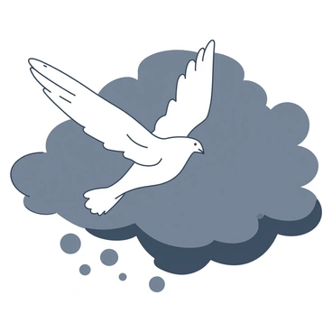 A white dove is flying gracefully through the air, its wings outstretched. The dove is positioned in front of a backdrop of dark gray clouds that dominate the sky. The clouds are thick and billowing, creating a dramatic contrast with the dove's bright feathers. The scene captures the sense of movement as the dove glides effortlessly, with a slight breeze ruffling its feathers. The overall composition emphasizes the lone presence of the dove against the ominous sky.