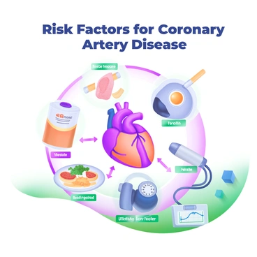 A diagram featuring the title "Risk Factors for Coronary Artery Disease" at the top in bold letters. The diagram includes various illustrated elements such as a heart, tobacco products, a plate with unhealthy food items, a scale showing obesity, a blood pressure cuff, and a cholesterol graph. Each element is visually distinct and labeled clearly, arranged in a circular layout around the central heart illustration, which is highlighted to draw attention. The background is a soft pastel color to complement the illustrations.