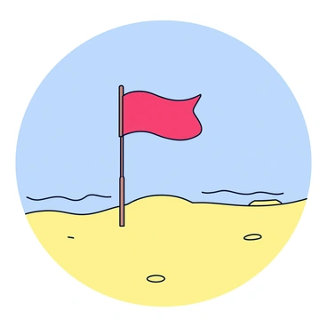 A red flag is waving in a gentle breeze. The flag is firmly attached to a wooden pole planted in the sand. The beach is deserted, with fine golden sand stretching out under a clear blue sky. Small waves are lapping at the shore in the background. There are no people or objects present, highlighting the solitude of the scene.