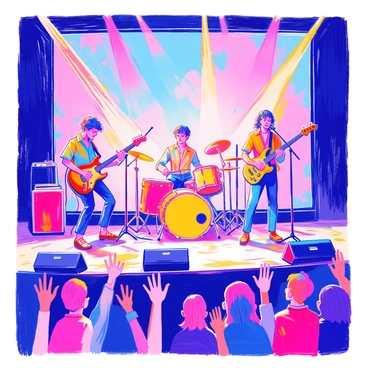A band is performing on a stage with bright lights shining down. The musicians, consisting of a guitarist, a drummer, and a vocalist, are energetically engaging with the audience. The guitarist is playing a vibrant electric guitar, while the drummer is surrounded by a colorful drum set. The vocalist is holding a microphone, wearing a dynamic outfit. Behind them, there are holographic visuals projected, showcasing dynamic shapes and patterns that pulse with the rhythm of the music. The audience is in front of the stage, captured by the performance, with hands raised in excitement.