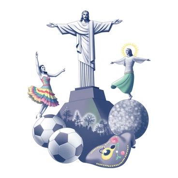 A collage depicting "Christ the Redeemer" standing majestically on a mountain peak. Surrounding this iconic statue are other renowned Brazilian cultural symbols. To the left, an image of a colorful samba dancer in traditional attire, showcasing vibrant feathers and sequins. Next to the samba dancer, there is a football, representing Brazil's passion for the sport, with a subtle motion effect as if it has just been kicked. Below, a depiction of the Amazon rainforest with lush trees and exotic flora, representing the country's rich biodiversity. To the right, a classic Brazilian carnival mask featuring intricate designs. The elements are arranged harmoniously, creating a vibrant yet monochrome representation of Brazil's cultural heritage.