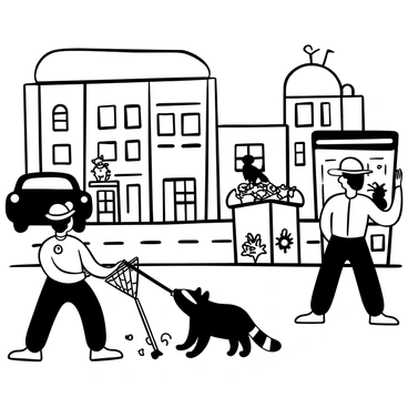 Animal control officers in uniforms using nets to capture a raccoon showing signs of aggression. The raccoon is on the pavement, with trash bins knocked over nearby, spilling out litter. Tall buildings and parked cars create an urban backdrop, while other curious animals observe the scene from a distance. One officer is crouched down, preparing the net, while another stands at the ready with equipment in hand.