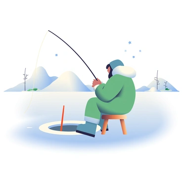 An Eskimo wearing a fur-lined parka and snow boots is sitting on a small wooden stool, fishing through a circular hole in the ice. The Eskimo has dark hair peeking out from under a hood. Snowflakes are gently falling around him. The surrounding landscape is covered in a thick blanket of white snow, stretching endlessly in all directions. In the distance, there are soft, rounded snowdrifts and a few sparse, leafless trees barely visible against the bright, overcast sky. A fishing pole rests in the Eskimo's hands, with a small red flag marking the spot on the ice.
