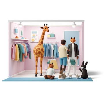 A vibrant fashion store in Zootopia, featuring a modern and stylish interior. Inside, various animals are shopping for the latest styles. A tall giraffe is browsing through racks of colorful clothing, while a fashionable fox is trying on a sleek jacket in front of a large mirror. A group of rabbits is gathered around a display of accessories, excitedly discussing their finds. Bright lighting illuminates the space, highlighting the trendy apparel and unique designs available for the shoppers.